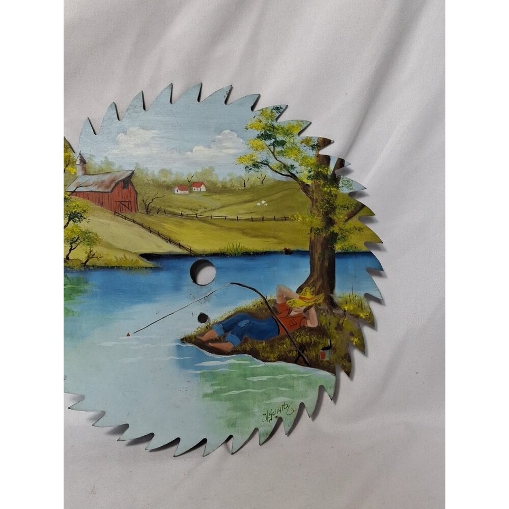 Hand painted Saw Blade, Farm Scene w/ Barn, Boy FIshing Water Trees, Fence, 9" - Picture 2 of 5